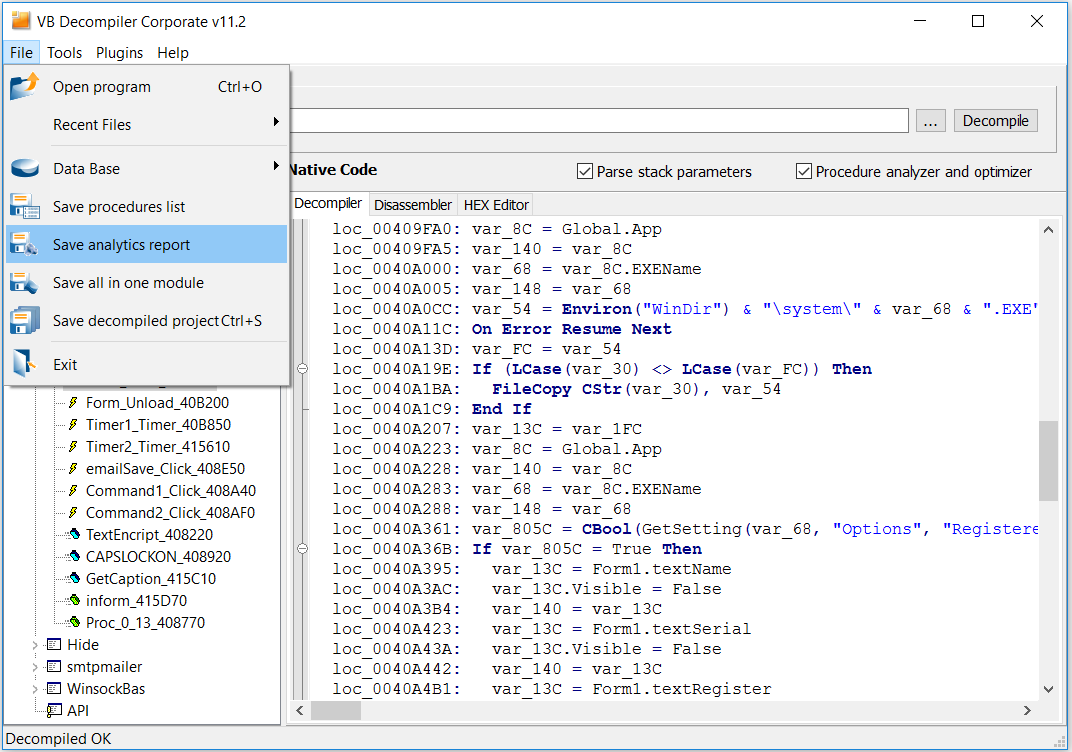 VB Decompiler Analytic Features - Сохранение отчетов