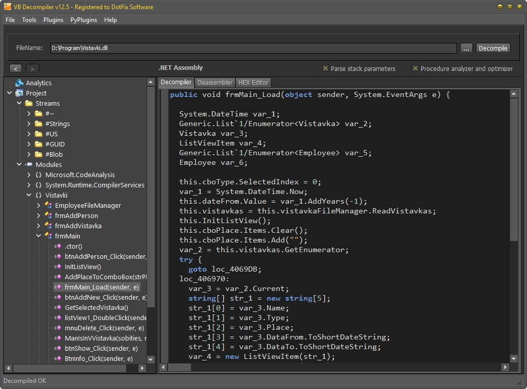Декомпиляция C# кода в VB Decompiler