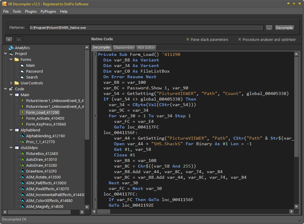 Декомпиляция Native Code в VB Decompiler