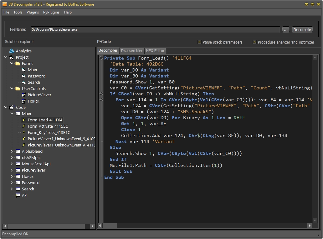 Декомпиляция P-Code в VB Decompiler