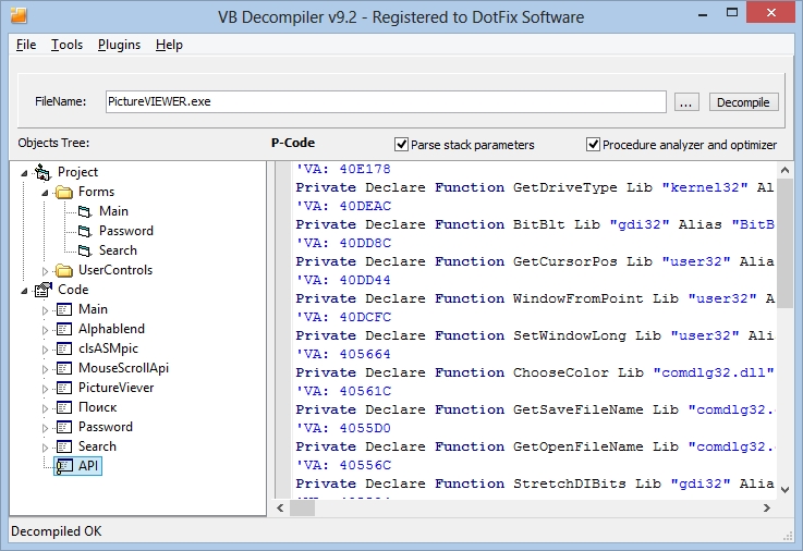 Разбор переходников на API в VB Decompiler 