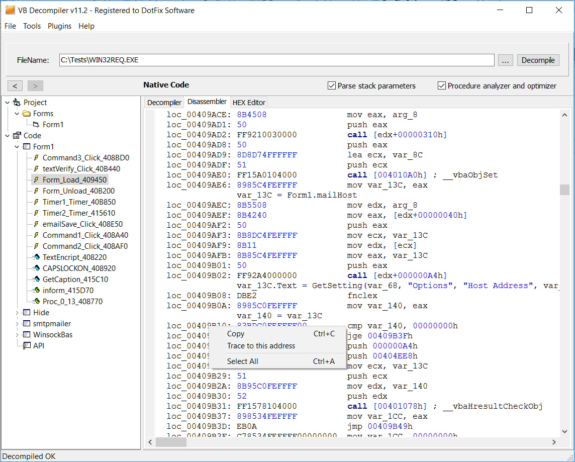 VB Decompiler Native Code Tracer