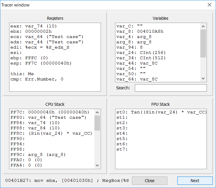 VB Decompiler assembler code tracer