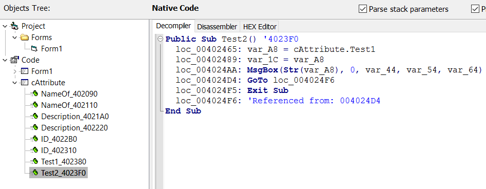 VB Decompiler - Декомпиляция вызова внутренних процедур в Native Code классах