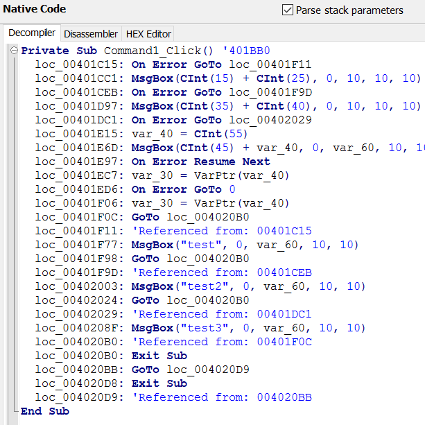 VB Decompiler - On Error декомпиляция