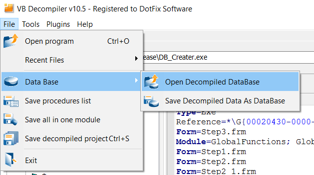 VB Decompiler открытие базы декомпилированного ранее кода