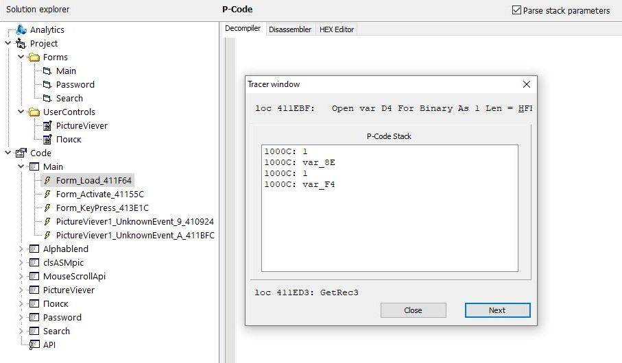 VB Decompiler Visual Basic P-Code Tracing Features