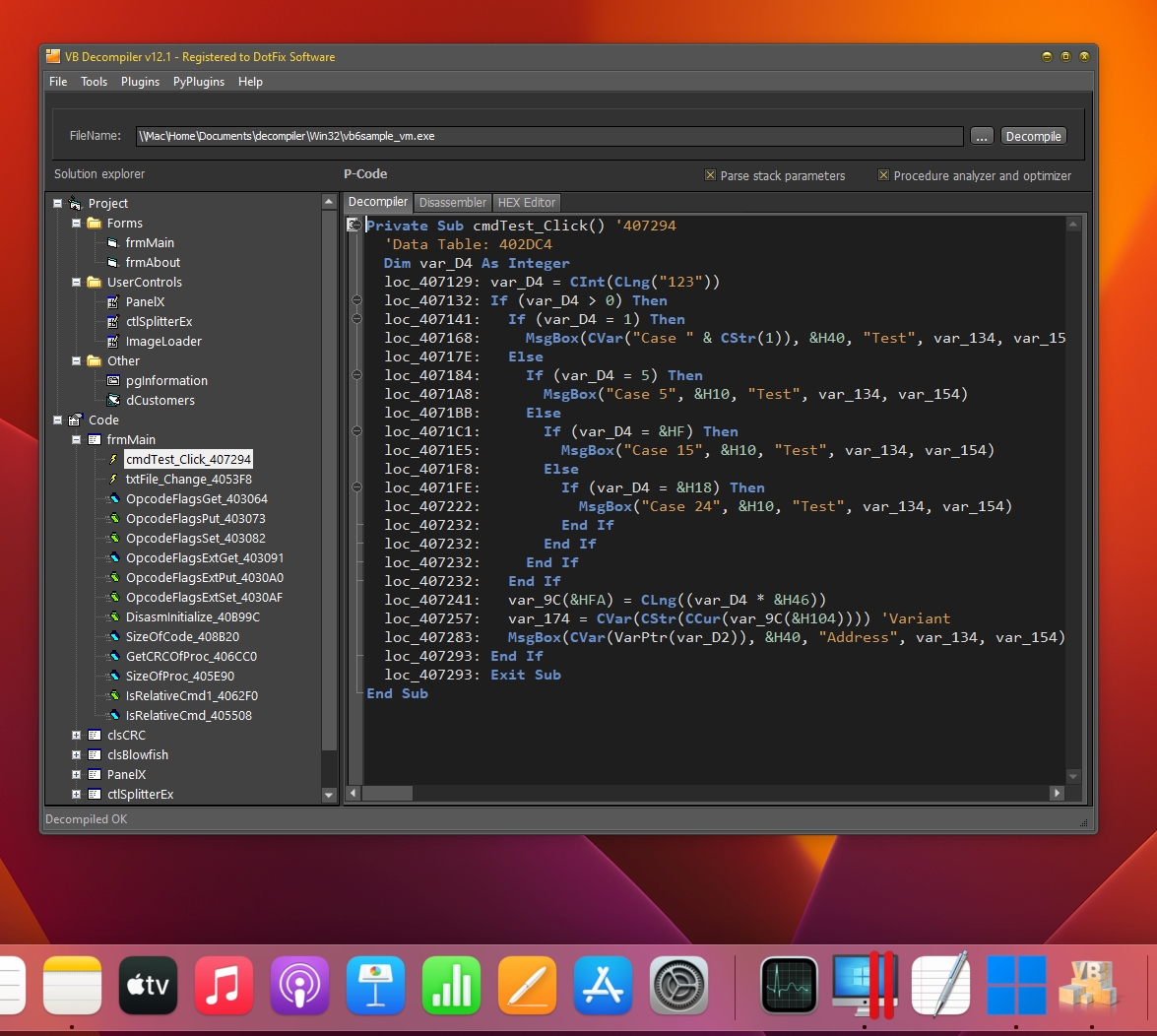 VB Decompiler can be started on Mac M1