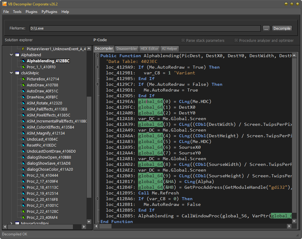 Представление кода VB Decompiler: все вхождения переменной global_XX подсвечены после клика на одном из них